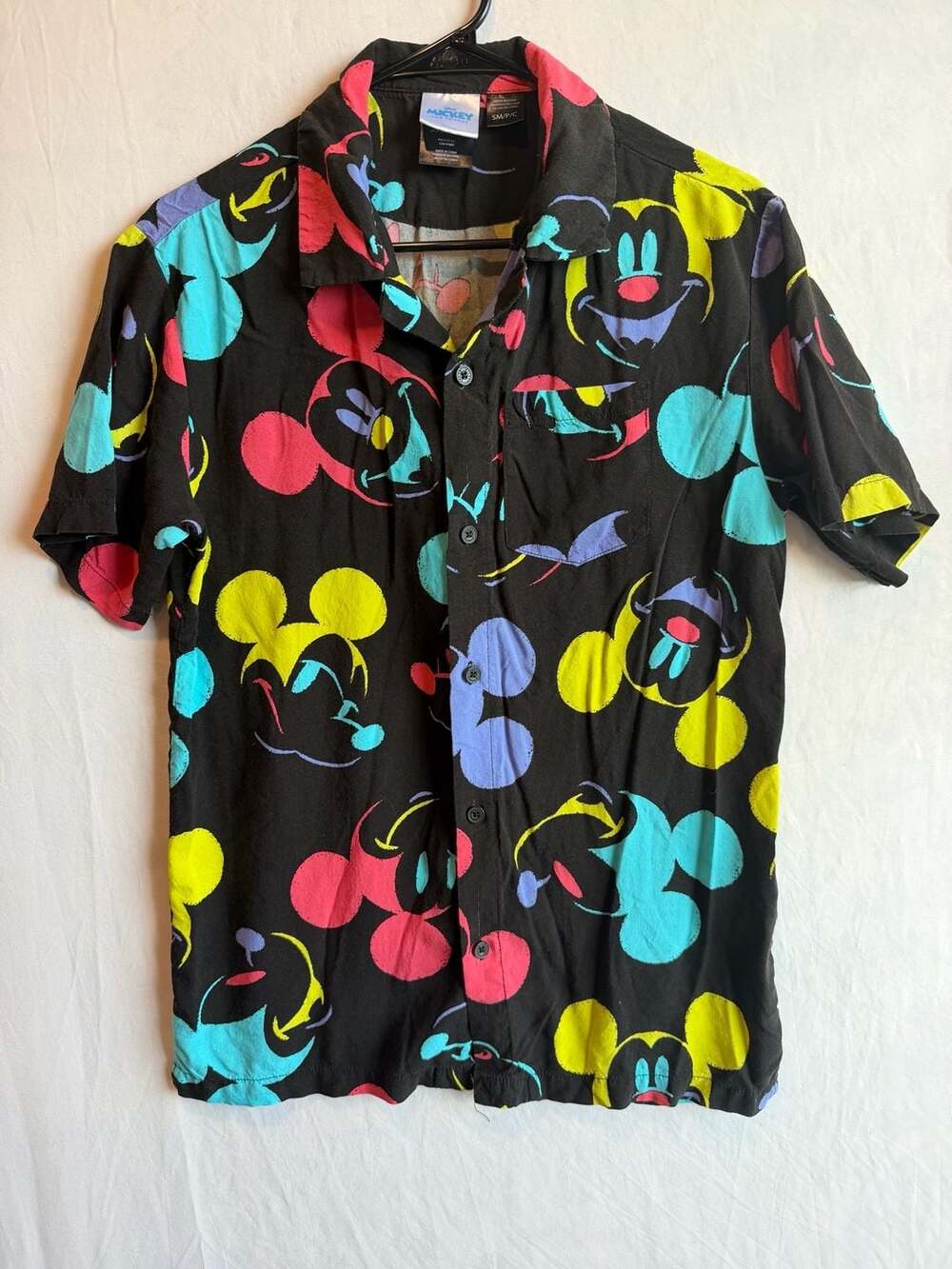 Disney Mickey and Friends Colorful Mickey Heads Pattern Rayon Button-Up Shirt